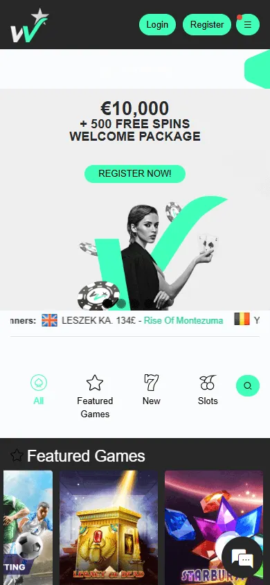 Winner Casino mobile browser home with casino and betting access