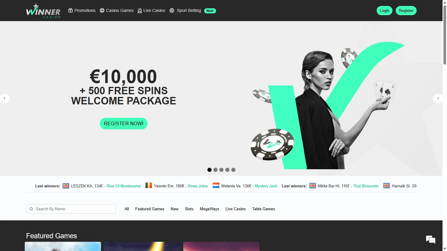 Winner Casino desktop home with casino and betting options